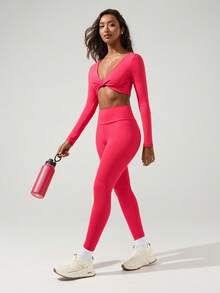 Menodora SHEIN Sport Conjunto Esportivo Feminino de Top Cropped de Manga Longa com Nó na Frente e Legging em Cor Sólida - Vermelho - Visão 6