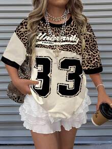 INAWLY Women's Casual Leopard Print & Numeric Pattern Round Neck T-Shirt, Summer - Multicolor - View 3