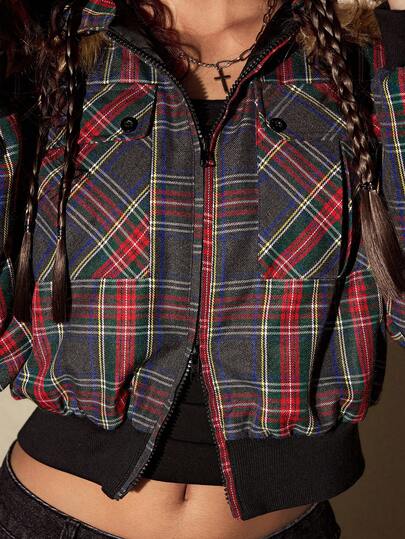 ROMWE Avant Women's Retro College Style Plaid Padded Fleece Patchwork Hooded Padded Coat, Back To School Season