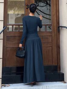 DAZY 女士优雅通勤T恤和裙子两件套 - 寶藍色 - 查看 4