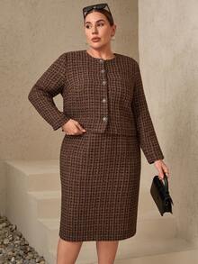 Chikora Plusstorlek dam 2-delat set, elegant, med fickor, bekväm stickad kostym, brun rutig tweed tvådelat set kjolkostymer för kvinnor tweedkostymer kvinnor tweedkavaj och kjolset brun tweedkostym tweedkjol och jacka set brunt tweedset tweedjacka kvinnor brun jacka brun kavaj kvinnor brun kofta - Brun - Visa 6