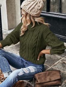 EMERY ROSE 女士休闲扭纹针织高领毛衣，秋冬 - 軍綠色 - 查看 5