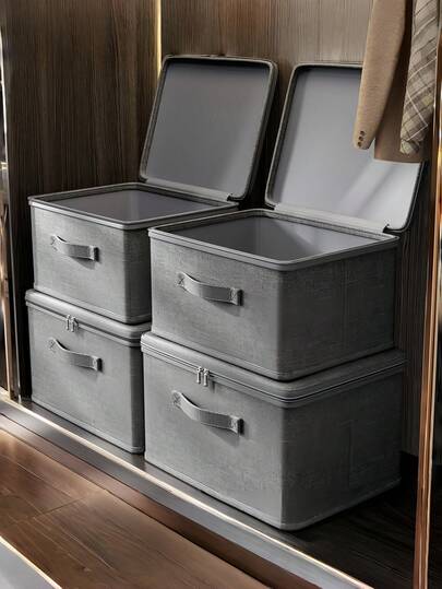 1pc Folding Storage Bin With Zipper And Handle,Grey  Storage Box,Polyester Linen, Square, Lid Type,Solid And Tangible Multi-Purpose For Storing Clothing, Toys And Other Items, Upholstery, Bedroom Decor, Trim, Storage, Jeans