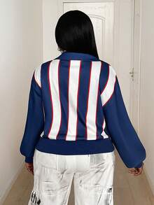 Maweii Autumn/Winter Colorblock Striped Numeric Print Casual Streetwear Pullover Sweatshirt, Loose Fit Plus Size For Young Women