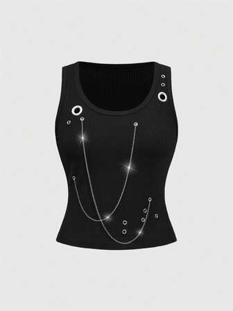 Grunge Punk Ärmelloses Trägertop mit Ausschnitt und Ösen für Frauen, sexy schwarz, ideal für Musikfestivals und Rock