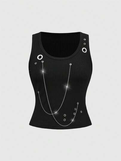 Grunge Punk Top canotta nero sexy con scollo a V basso, senza maniche, con catena occhiellata, adatto per festival musicali e rock per donne