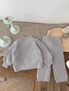 SHEIN LMoss Kids LMoss 女婴两件套开衫和阔腿裤针织装，适合秋冬季户外休闲场合 - 灰色 - 查看 2