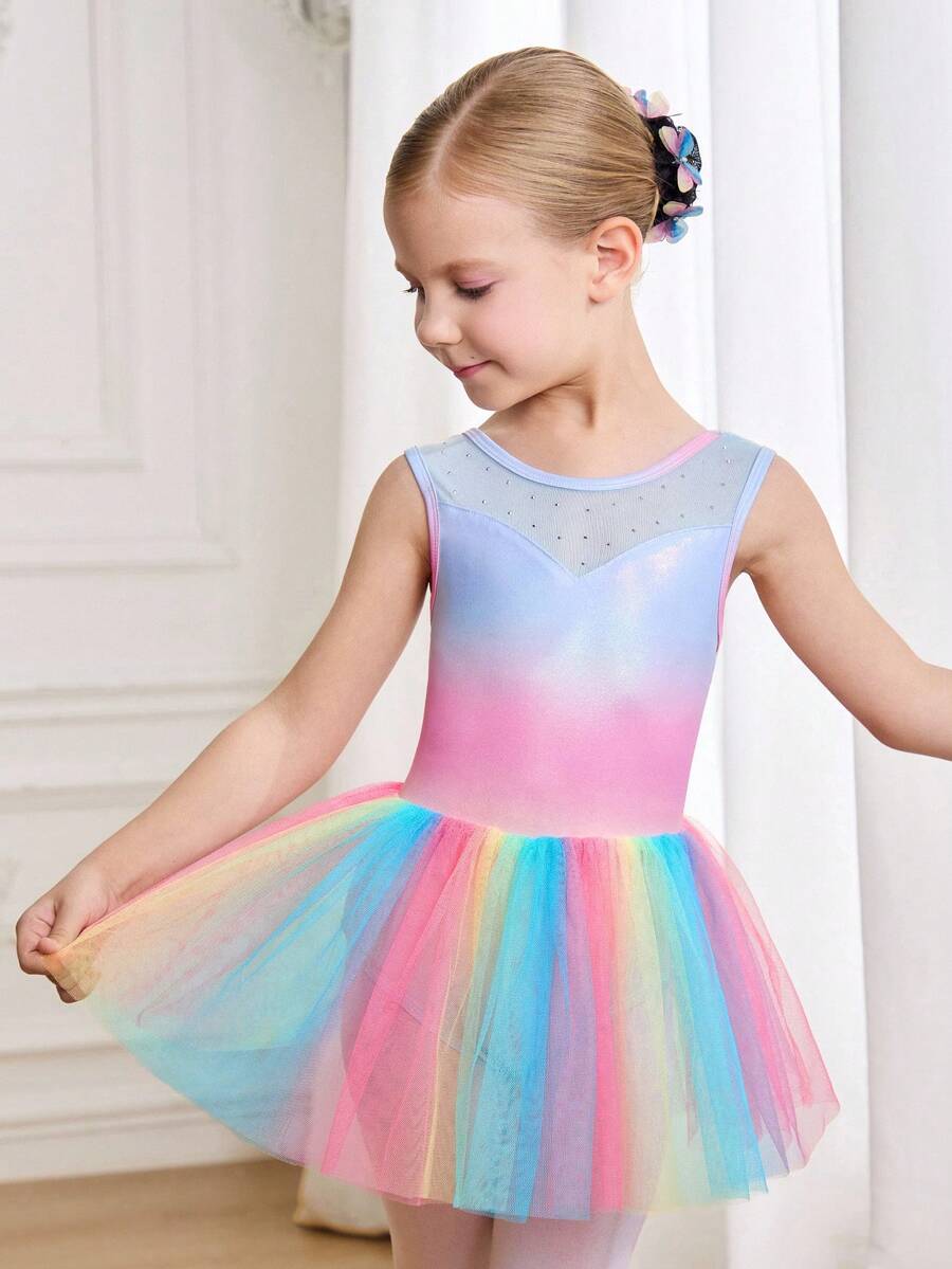 Sleeveless Ombre Tulle Ballet Dress For Girls, Leotard Dance Costume With Rhinestone Decor