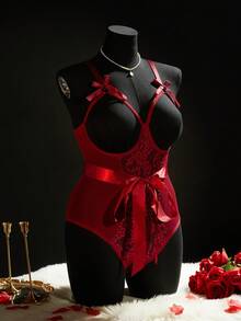 SHEIN 2件套加大码蕾丝撞色网眼性感内衣套装 - 酒紅色 - 查看 5