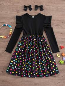 SHEIN 青少年女孩休闲拼布心形印花荷叶边长袖上衣，秋季