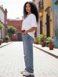 Mujer camiseta casual urbana estampado gráfico ajedrez tela suave holgada cuello redondo manga corta primavera verano uso diario - Blanco - Ver 3