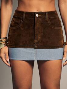 Denimoi 天鹅绒牛仔卷边迷你牛仔裙 秋冬时尚 - 棕色 - 查看 3