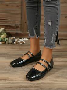 Bailarina para mujer charol brillante+punta cuadrada+doble correa+suela plana+estilo clásico elegante+trabajo diario+zapatos planos - Negro - Ver 3