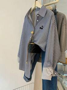 SHEIN 女士休闲通勤条纹樱桃刺绣衬衫，秋季 - 彩色 - 查看 5