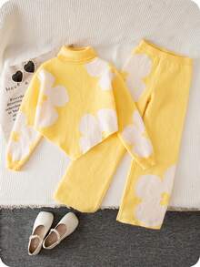 Tween Girls Cute Light Yellow 2pcs Knitted Outfit Set,Flower Pattern High-Neck Sweater&Wide-Leg Pants For Autumn,School,Back-To-School Daily Wear - Yellow - View 12