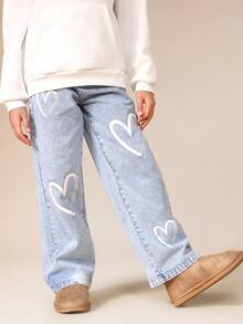 SUMWON Pantalones vaqueros de pierna ancha con estampado de corazón para niñas - Pantalones vaqueros de lavado claro con ajuste relajado y gráficos de corazón - Lavado ligero - Ver 4