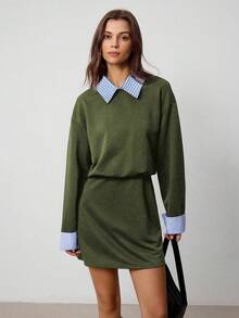 Hanevo Gestreiftes Patchwork-Kleid mit Kragen und Langarm im Lässig-College-Stil für Frauen