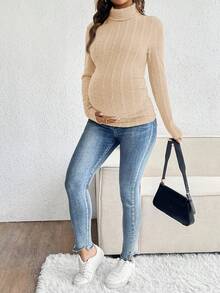 SHEIN 孕妇纯色高领插肩长袖修身休闲百搭T恤 秋冬 - 杏色 - 查看 4