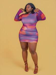 CurvyTilda Plus Size Women's Fashion Ombre Asymmetrical Neck Mini Dress, For Hourglass Body Shape