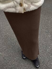 FRIFUL 女士休闲纯色针织裙，秋冬 - 棕色 - 查看 3