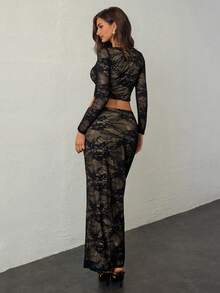 Aloruh Women's Elegant Square Neck Lace Blouse And High Waist Fishtail Skirt 2 Pieces Set - Black - View 6