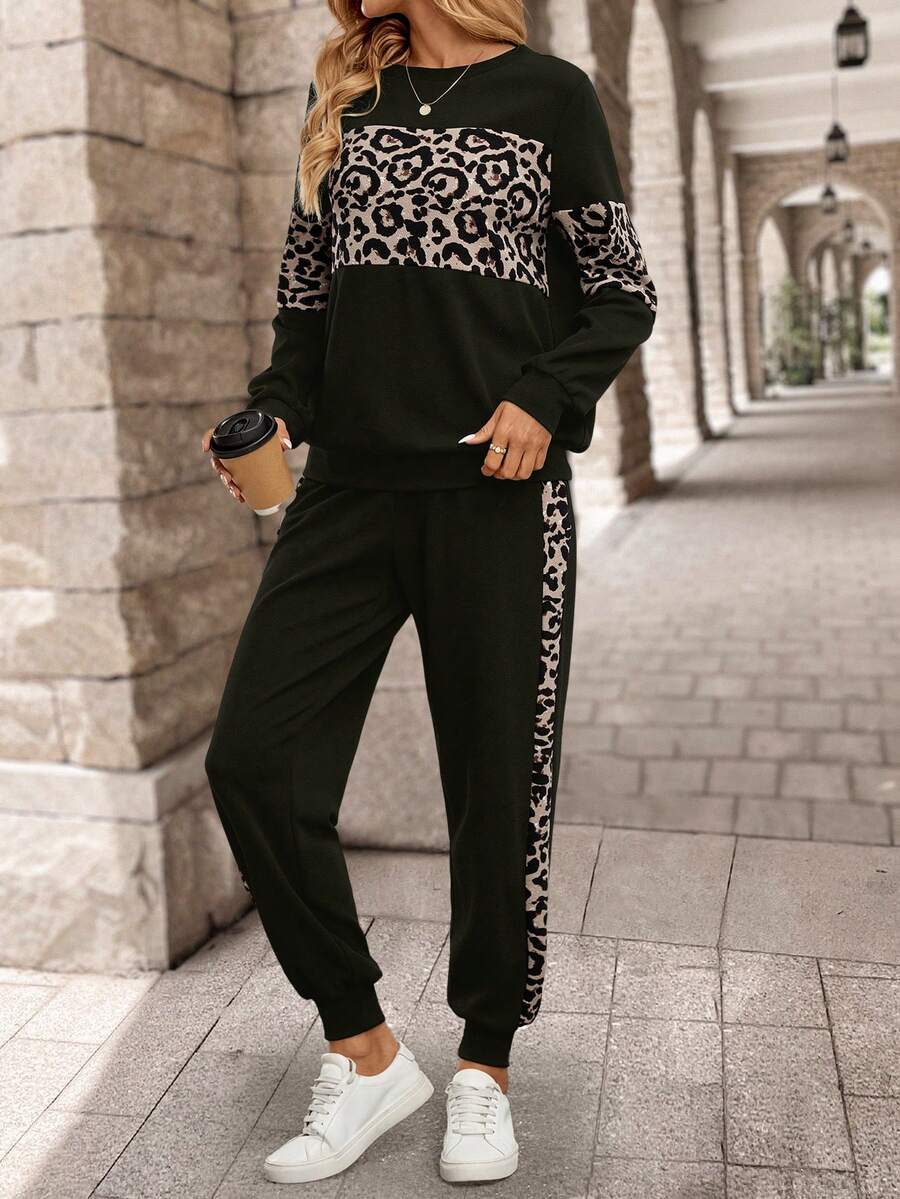 SHEIN LUNE 女式长袖豹纹拼布运动衫和长款运动裤冬季套装两件套女装 - 墨綠色 - 查看 1