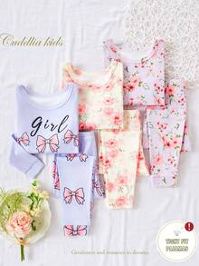 6pcs Snug Fit Long Sleeve Top And Pants Pajama Set, Comfortable Casual Loungewear For Young Girls