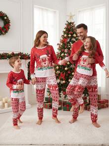 SHEIN 2pcs Men's Red & White Christmas Reindeer Fairisle Pajama Set, Comfortable Homewear Suit, Family Matching, Fall Winter Clothes Family Christmas Matching Pajamas Set - Red and White - View 1