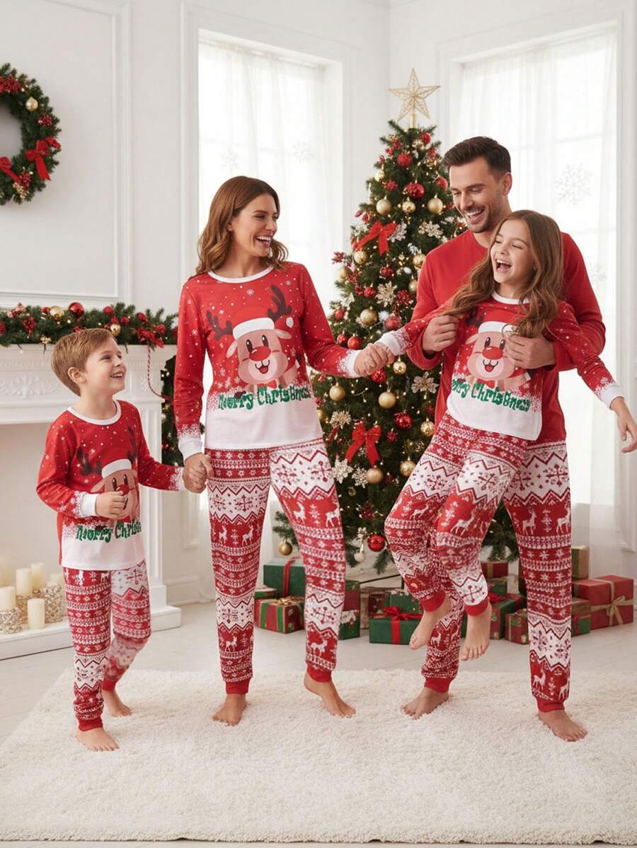 SHEIN 2pcs Men's Red & White Christmas Reindeer Fairisle Pajama Set, Comfortable Homewear Suit, Family Matching, Fall Winter Clothes Family Christmas Matching Pajamas Set - Red and White - View 1