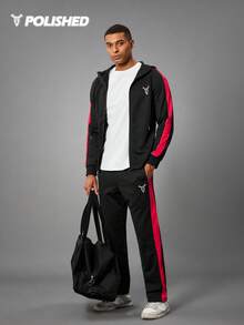 Manfinity Sport Corelite Men's Casual Graphic Print Contrast Side Seam Zip-Up Drawstring Hoodie And Sweatpants Set Gym Suits Men Sports Sets Gym Set Workout Set - Black - View 3