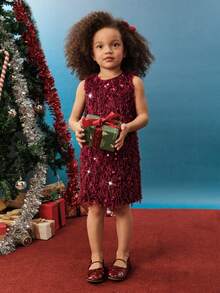 Maija Kids Maija Kids 年轻女孩亮片和人造毛皮蝴蝶结装饰圆领无袖优雅连衣裙 - 酒紅色 - 查看 5