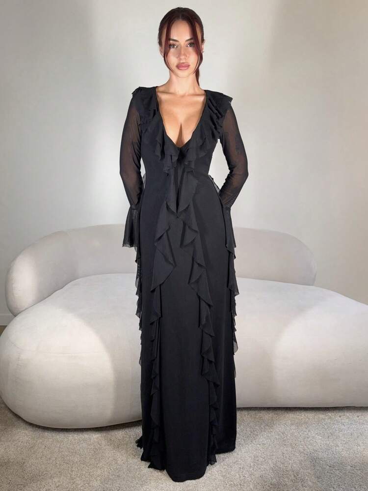 Abrilcols Women's Fashion Elegant Arabic Style Long Sleeve Dress Black Knitted Dress Date Party Business Commuting Casual Simple Solid Color Dress Mesh Deep V Neck Sexy Ruffle Hem Romantic Dress Maxi Dress Bodycon Dress,Suitable For Spring And Summer,Graduation,Teacher Outfits For Women,Teacher Dress - Black - View 1