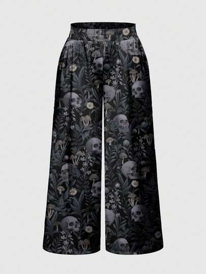 Goth Gothic dunkler Totenkopf, Hexe, mysteriöser BlätterdrucGroße Größenße Damenhose