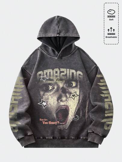 ROMWE Street Life Sudadera con capucha de talla grande para mujer con estampado vintage de letras y números