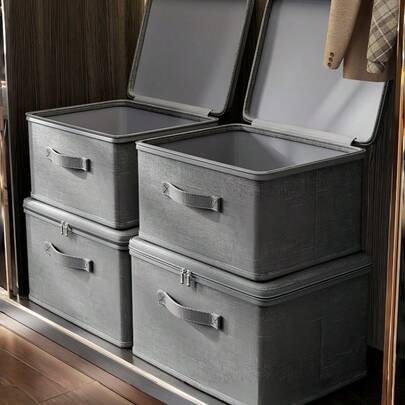 1pc Folding Storage Bin With Zipper And Handle,Grey  Storage Box,Polyester Linen, Square, Lid Type,Solid And Tangible Multi-Purpose For Storing Clothing, Toys And Other Items, Upholstery, Bedroom Decor, Trim, Storage, Jeans