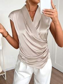 EMERY ROSE Women's V-Neck Business Casual Cinched Waist Satin Formal Blouse - Khaki - View 3