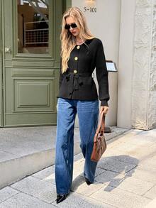 SHEIN Frenchy Women's Casual Long Sleeve Single-Breasted Knitted Cardigan, Autumn/Winter,Perfect For Everyday Wear,Thanksgiving For Women,Winter For Women,New Year Women's,Stylish Collection,Holiday Women;,French-Style Casual Black Sweater With Round Neck And Metal Button Front, French Style, Breakfast For Women, Black Cardigan, Bow;