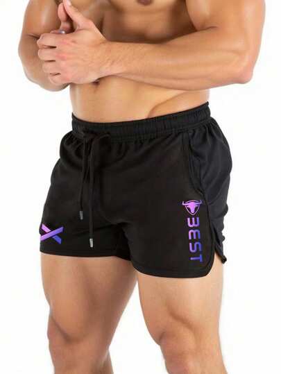 Manfinity Sport Corelite Men's Ombre Letter Print Drawstring Waist Slant Pocket Sports Shorts, Summer Black Sport Shorts Gym Shorts