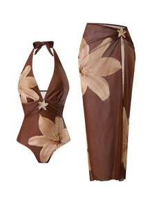 Swim Oasis بدلة سباحة قطعة واحدة مطبوعة بالزهور مع تنورة ساروج - لييلي بني
