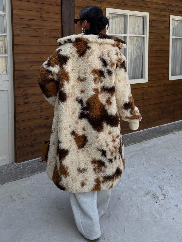 SHEIN Muchic Women's New Cow Print Faux Fur Mid-Length Coat, Autumn/Winter For Going Out, Streetwear - Multicolor - View 2
