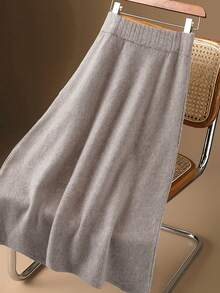 Linhara Plus Size Women Solid Color Knitted Ribbed Side Pocket Casual Skirt, Suitable For Vacation, Back To School, Home, Office, Autumn/Winter - Khaki - View 2