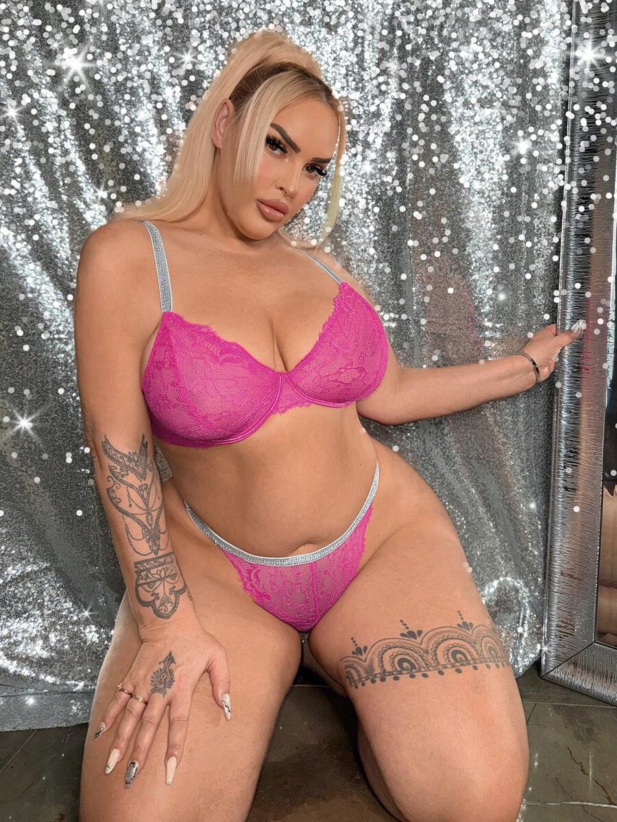 MidnightGlam 2pcs Plus Size Lace Bra & Panty Lingerie Set With Underwire, Padded Bust Support, Pink - Hot Pink - View 1