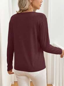 SHEIN LUNE Women's Deep V-Neck Contrast Color Knit T-Shirt,Red Tops For Women - Red Violet - View 2
