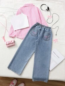 SHEIN 2pcs/Set Tween Girl' Spring/Autumn Striped Long Sleeve Shirt & Loose Light Blue Denim Jeans, Sweet Casual Outfit For Daily Wear - Pink - View 2