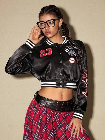 ROMWE Avant Giacca corta basic in raso da donna, stile retrò college, con stampa di numeri e lettere, decorazione a stemma, stile motociclista, adatta per il ritorno a scuola