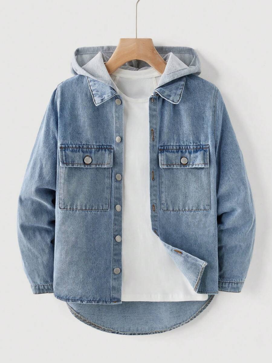 SHEIN Tween Boy Fashion Casual Vintage Y2k Old Money Based Grey Knitted Hooded Patchwork Black Denim Loose Jacket Jacket Top For Kids Clothes Boys Soft Dailywear And Kids Summer And Spring Rave Outfits Festival And Beach Outfits Clothes