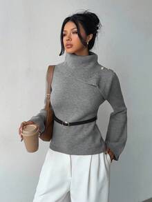 Elenzga Khaki Elegant Flared Sleeve Niche Design Collar, Paired With Brown Metal Fashionable Belt, Women Sweater For Autumn/Winter - Grey - View 4