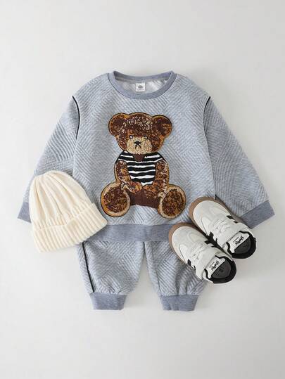 THE HAPPY LOOK 2pcs/Set Young Boy Cartoon Bear Pattern Knit Soft Crew Neck Long Sleeve Pullover Sweatshirt And Elastic Waist Pants