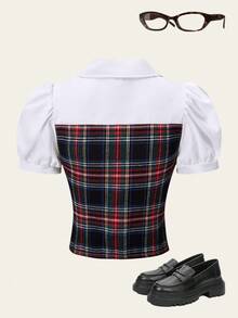 SHEIN Explorewe 青少年女孩休闲格子拼布泡泡袖衬衫，夏季