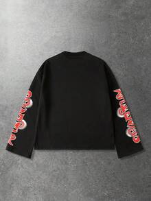 ROMWE MEN Street Life 男士休闲眼睛字母印花长袖T恤，街头风 - 黑色 - 查看 2